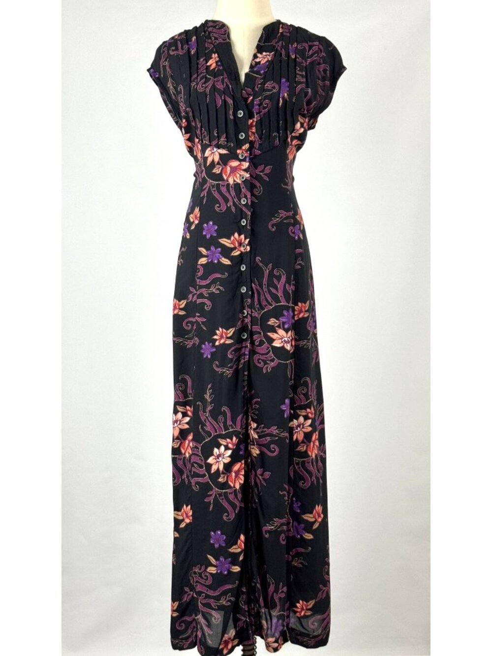 Free People Rosemary Floral Midi Dress Button Front Pleated Tie Back Whimsigoth